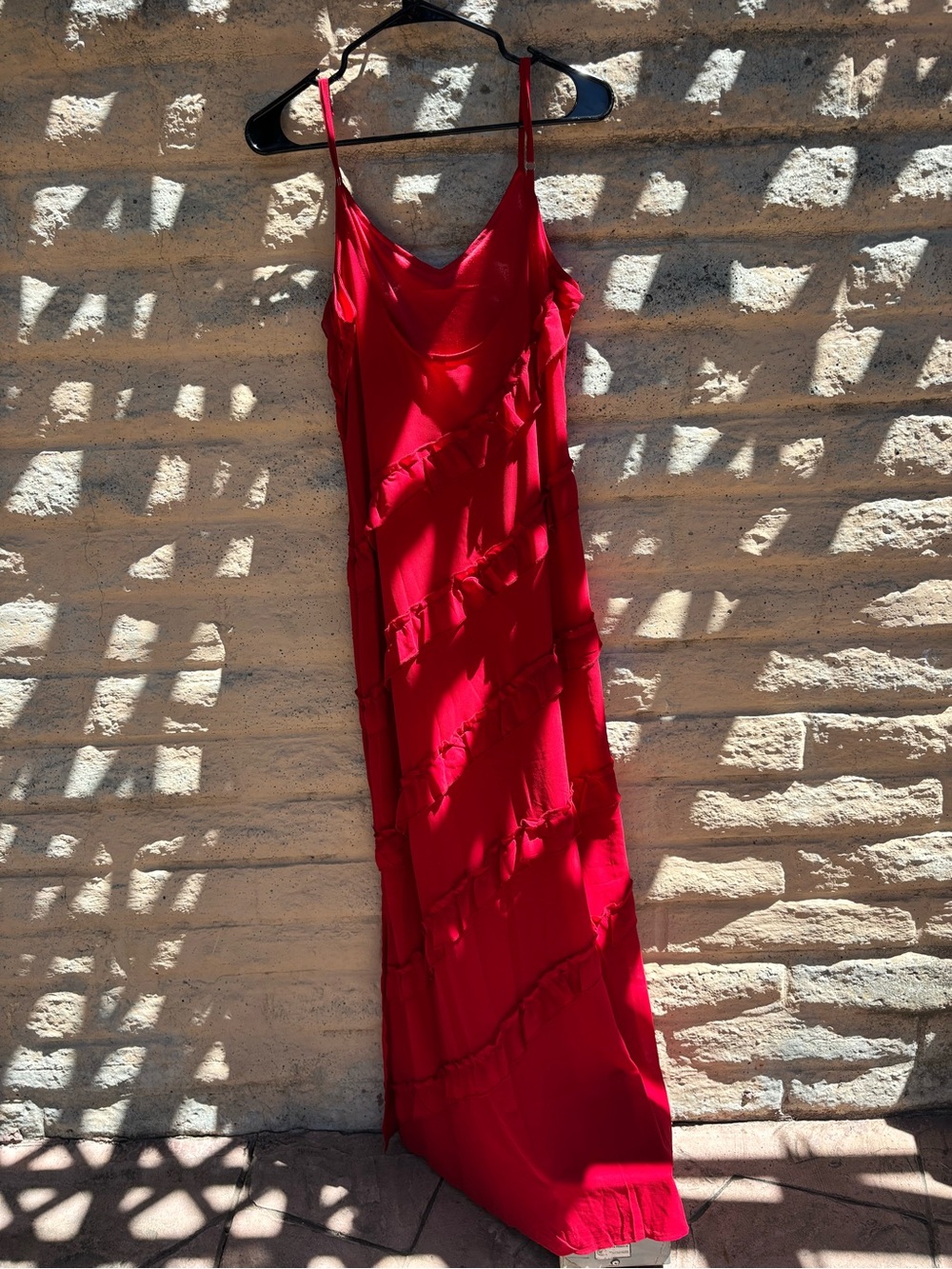 Red Satin Maxi Slip Dress with Diagonal Ruffle Detail